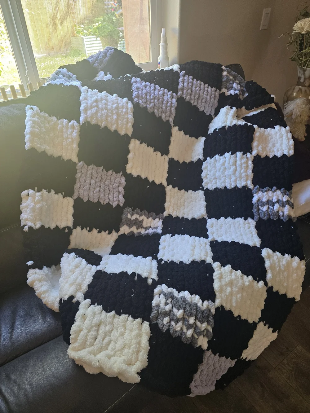 Hand Made Chunky Checkerboard Crochet Blanket - Black & White